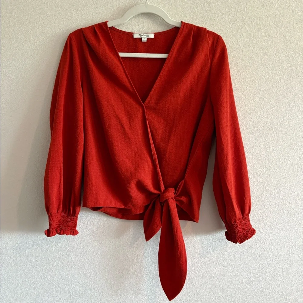 Madewell Smocked Puff-Sleeves Wrap Top V-Neck Blouse Women’s Small Orange MC074